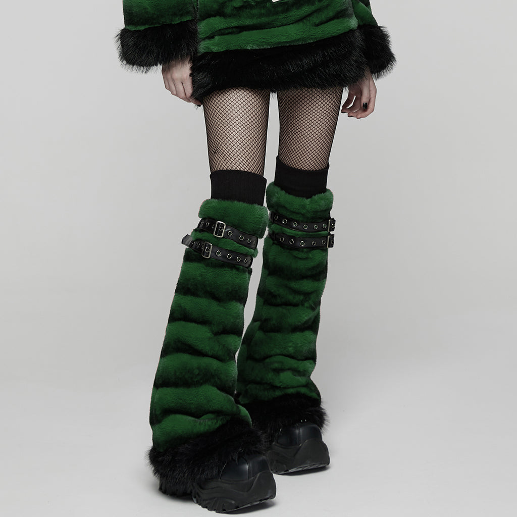 WS-826JTF Punk Accessories Black Furry Leg Warmers with Buckle Straps