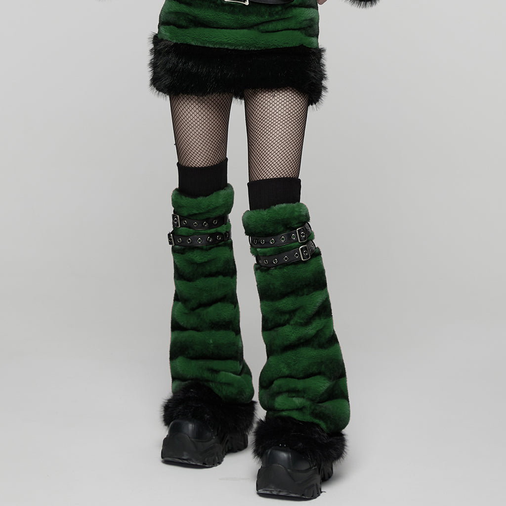 WS-826JTF Punk Accessories Black Furry Leg Warmers with Buckle Straps
