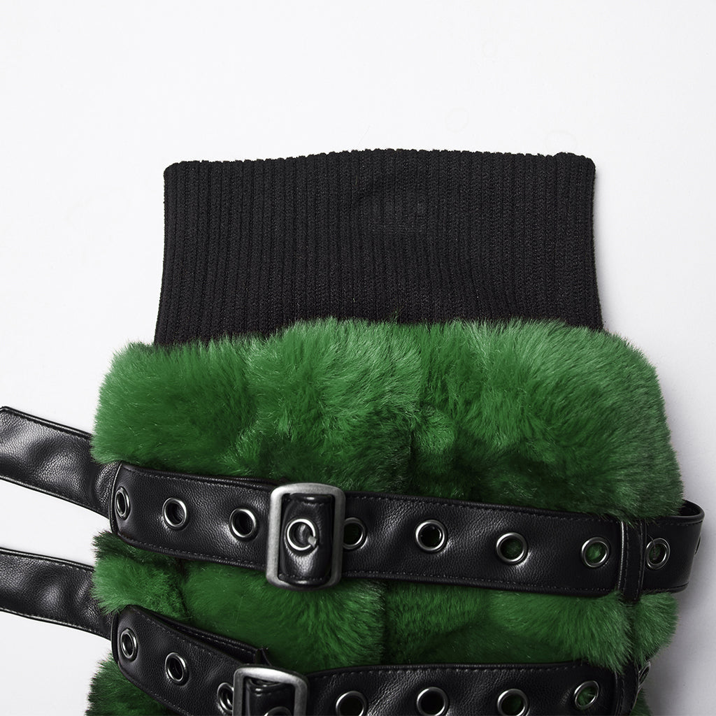 WS-826JTF Punk Accessories Black Furry Leg Warmers with Buckle Straps