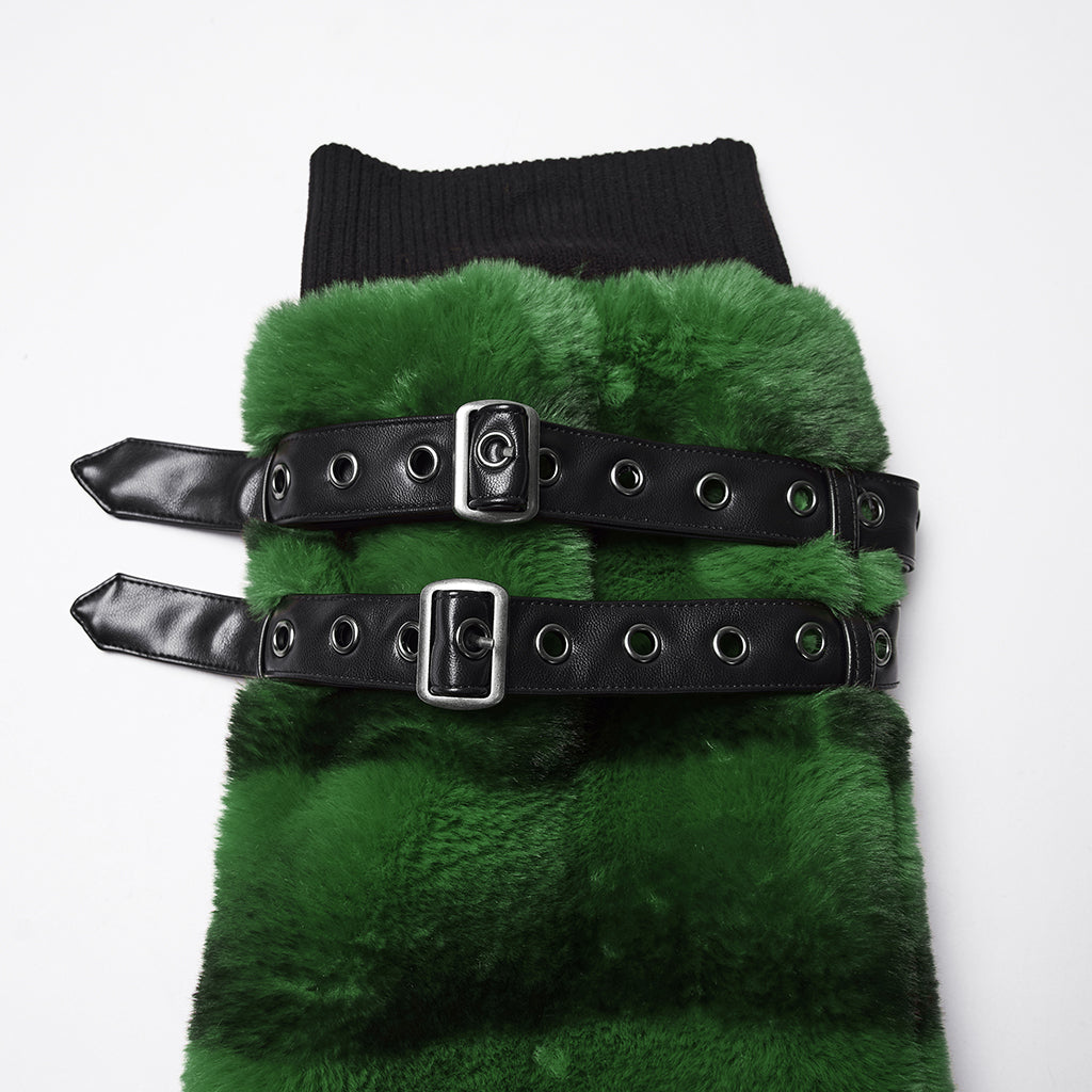 WS-826JTF Punk Accessories Black Furry Leg Warmers with Buckle Straps