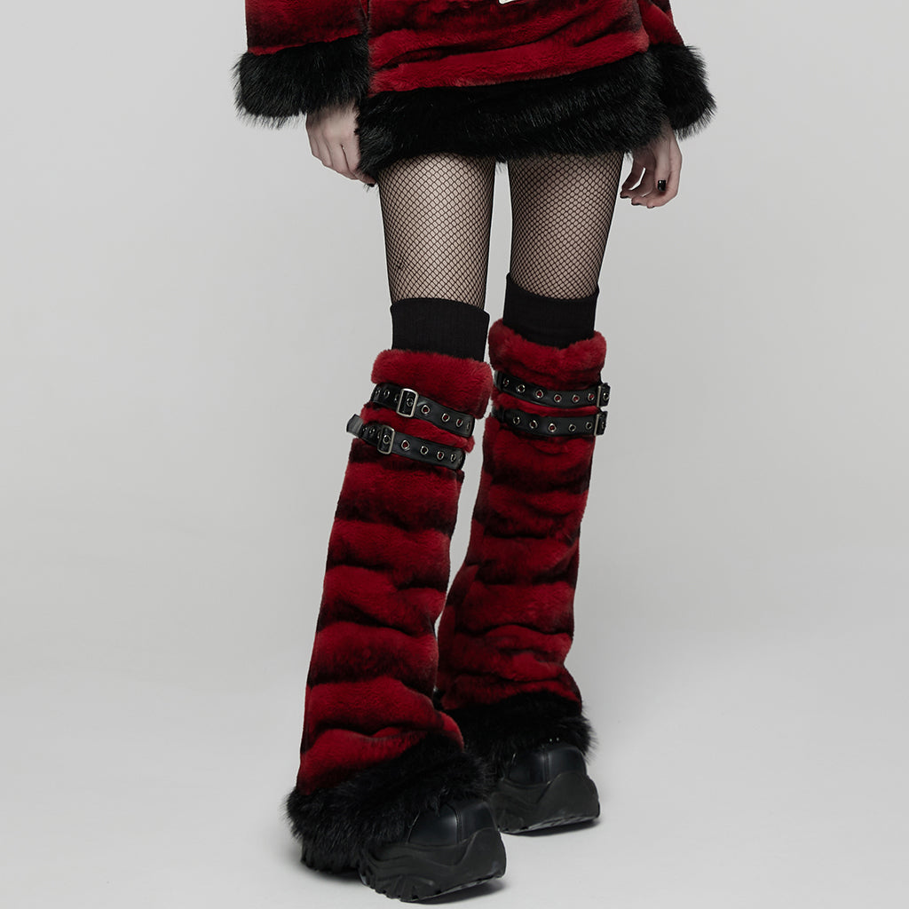 WS-826JTF Punk Accessories Black Furry Leg Warmers with Buckle Straps