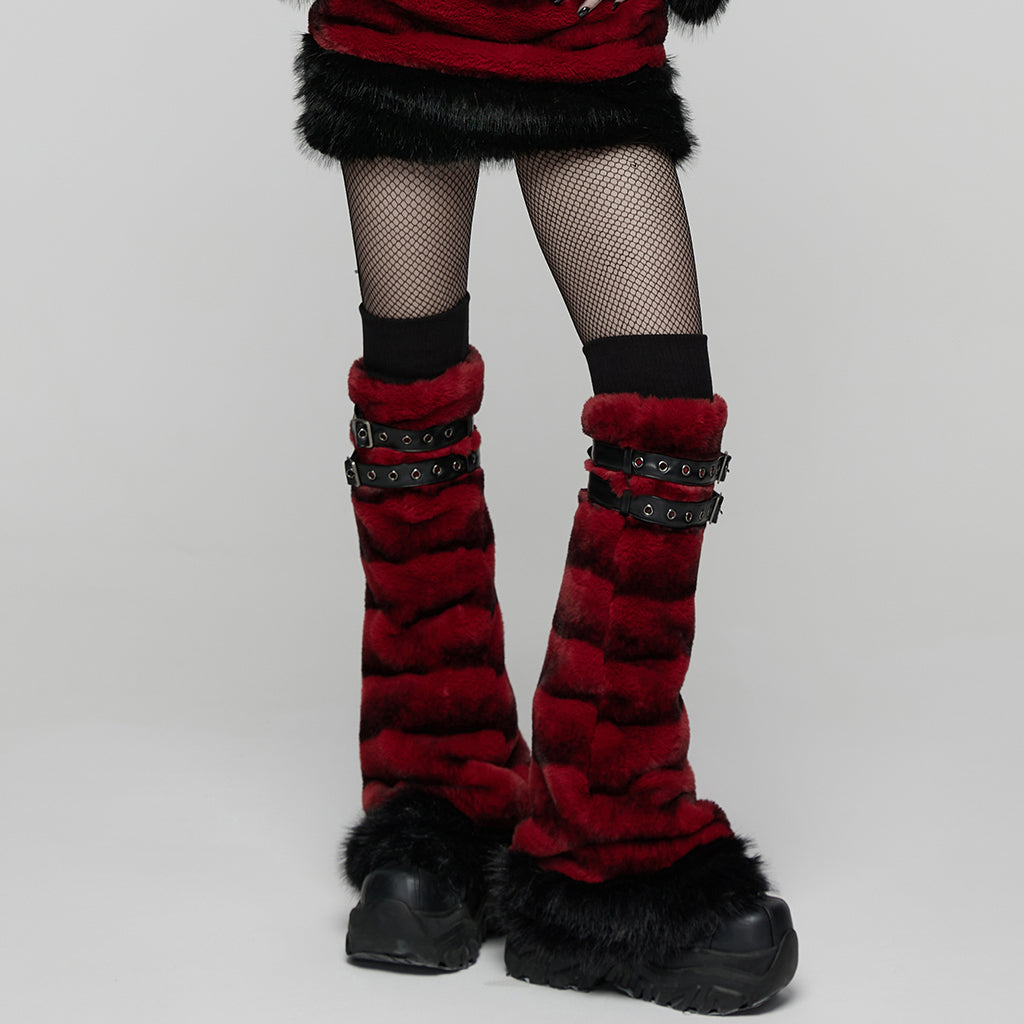 WS-826JTF Punk Accessories Black Furry Leg Warmers with Buckle Straps