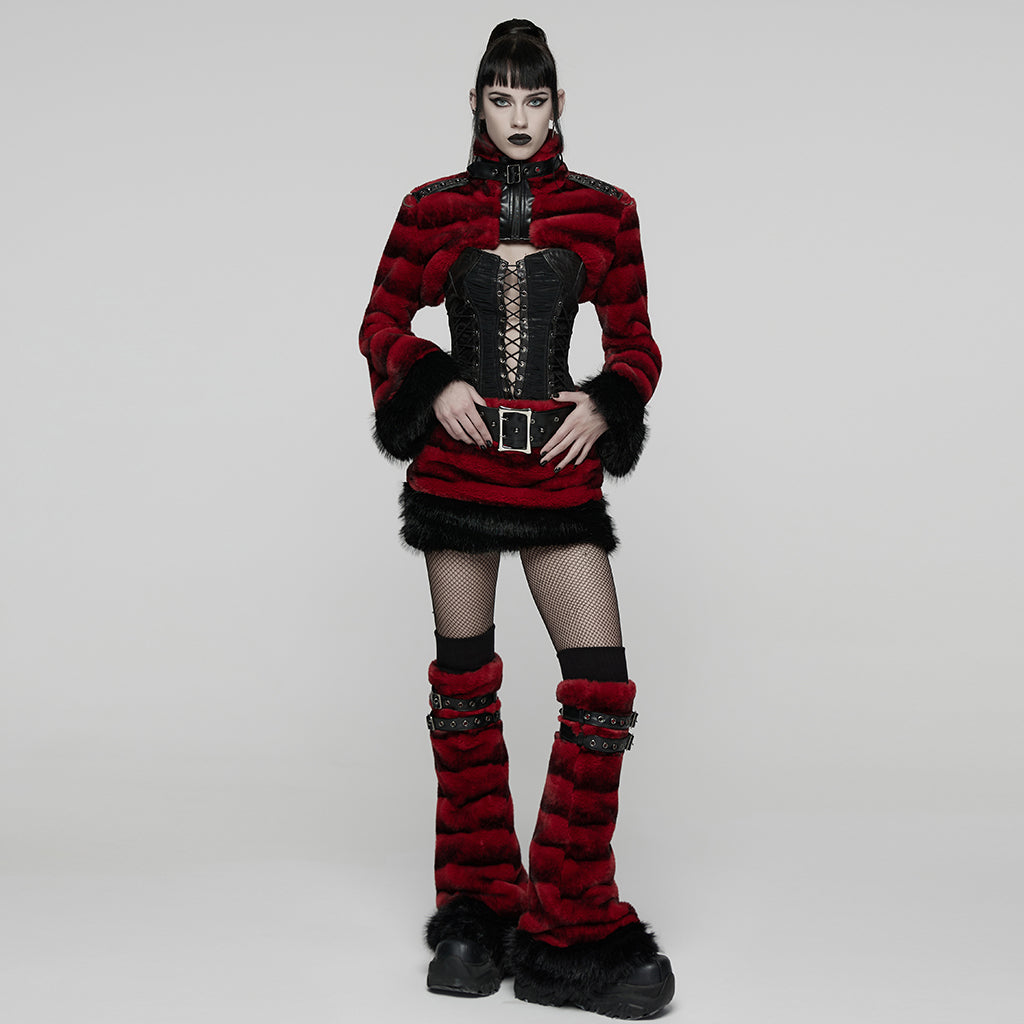 WS-826JTF Punk Accessories Black Furry Leg Warmers with Buckle Straps