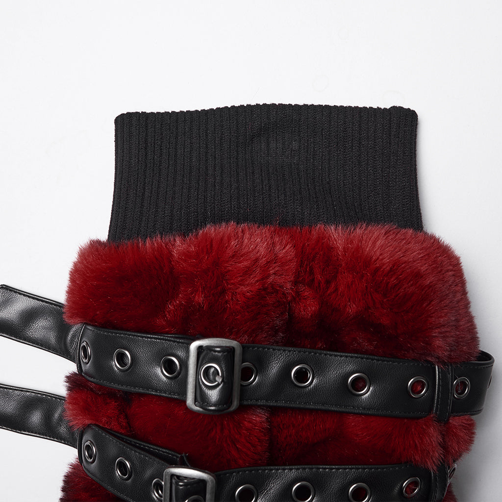WS-826JTF Punk Accessories Black Furry Leg Warmers with Buckle Straps