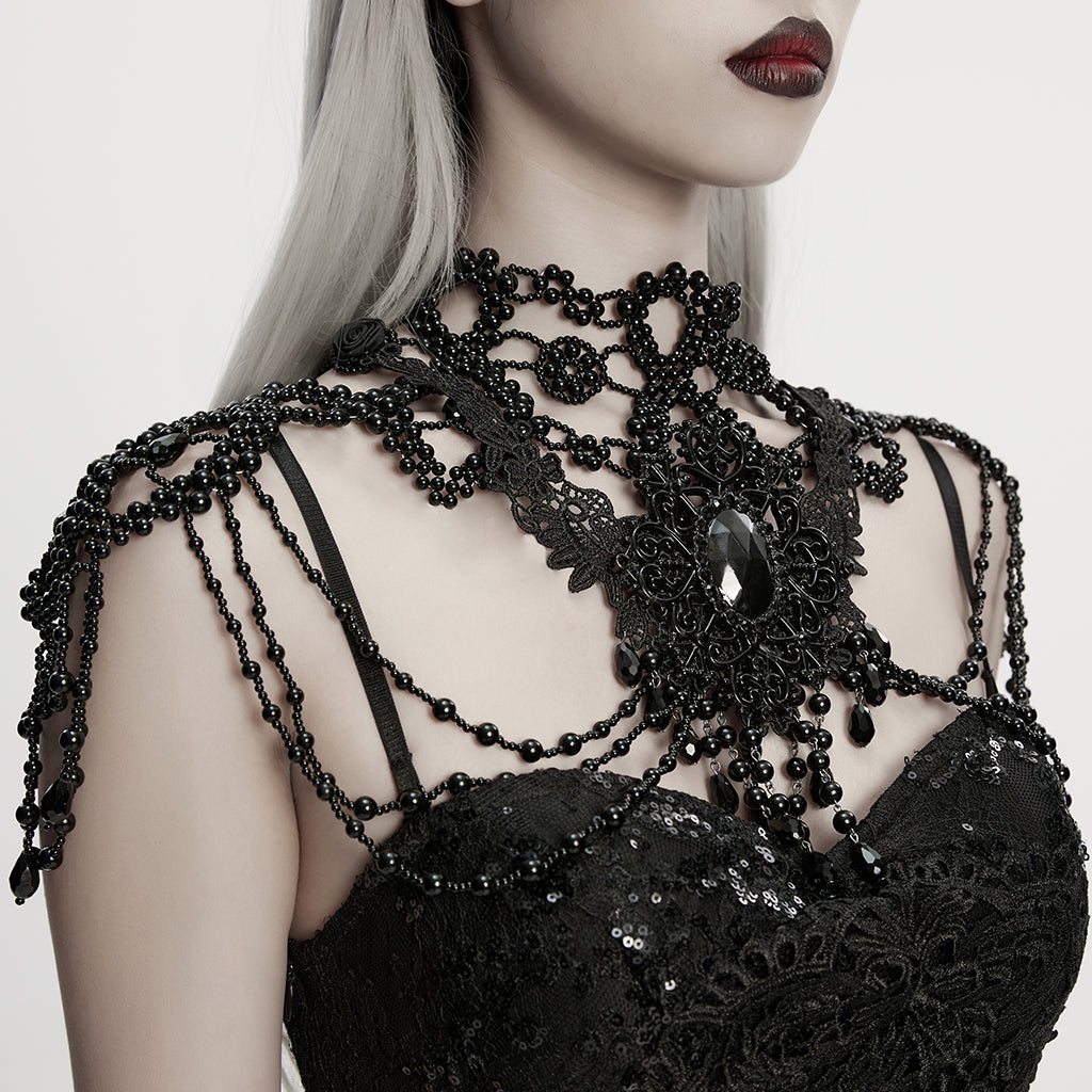 WS-836LHF Gothic Accessories Dramatic Black Lace Beaded Necklace Shoulder Harness