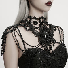 WS-836LHF Gothic Accessories Dramatic Black Lace Beaded Necklace Shoulder Harness