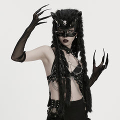 WS-842SSF Gothic Accessories Fur Hooded Mask with Chains Claw Gloves Set