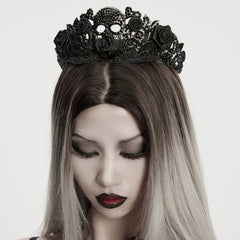 WS-843FSF Gothic Accessories Skull Crown Black Rose Lace Headpiece