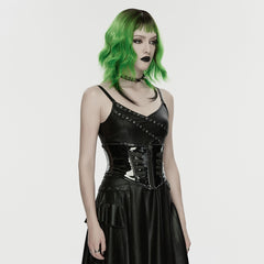 WS-862YDF Edgy Black Vinyl Punk Corset With Lace-up Front Detailing