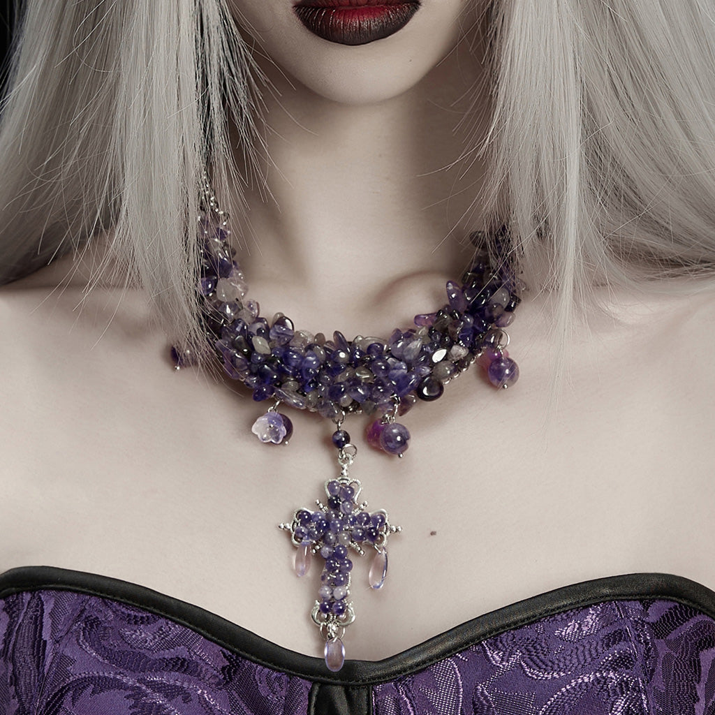 WS-866LHF Gothic Accessories Amethyst Crystal Cross Necklace Choker Elegant Statement