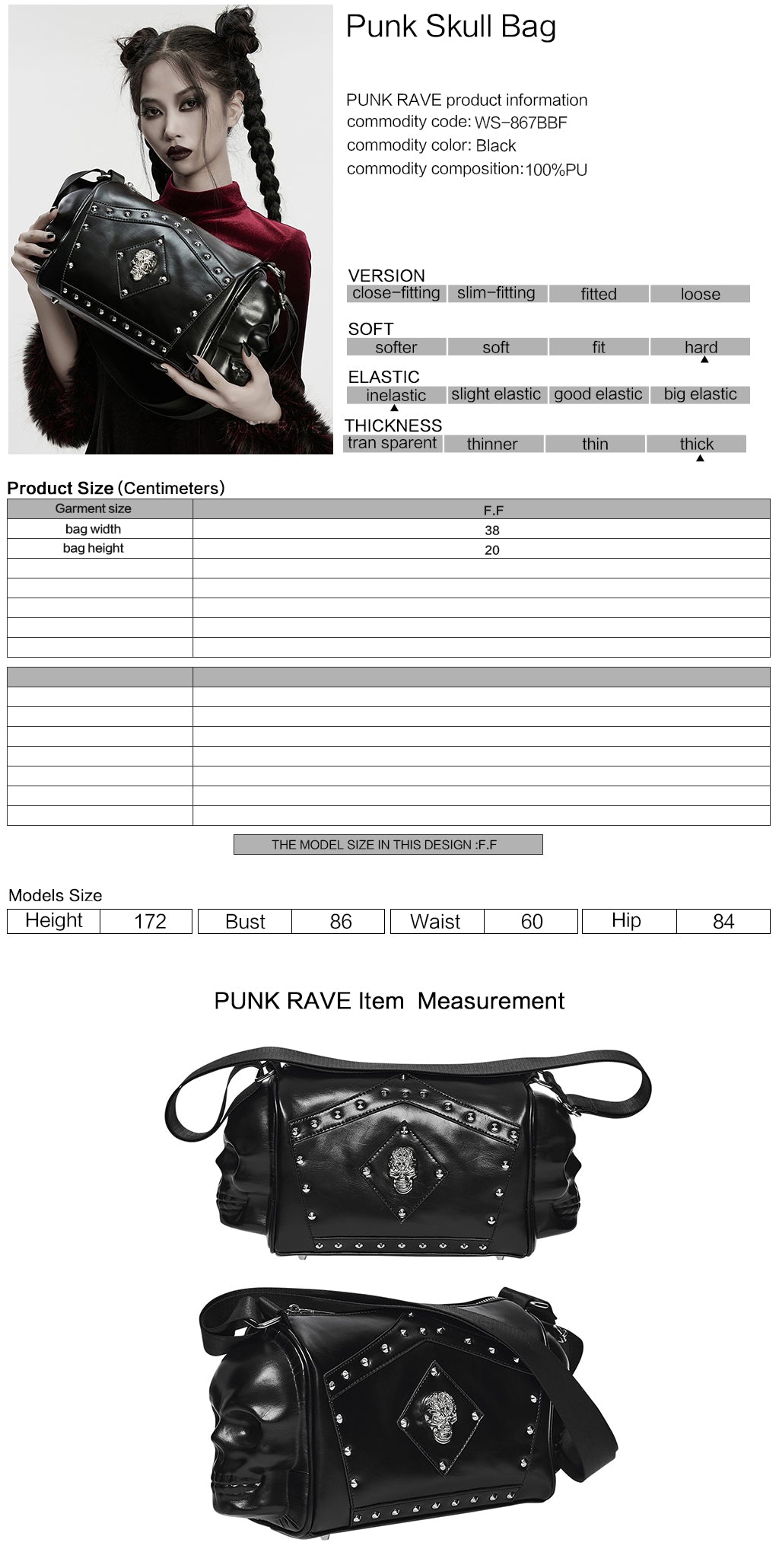 WS-867BBF Gothic Skull Studded Leather Crossbody Punk Accessories Bag