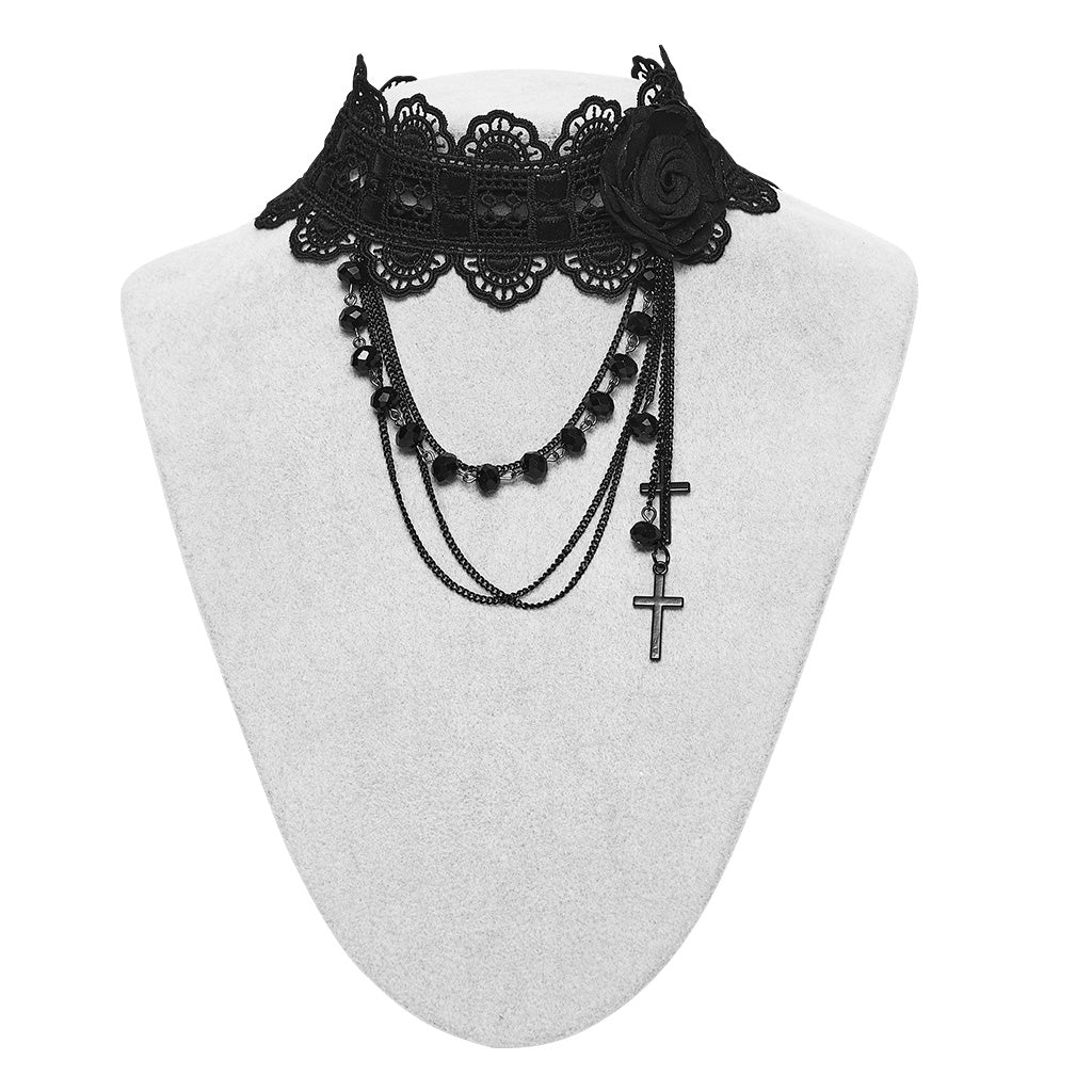 WS-873LHF Gothic Accessories Lace Choker with Cross Pendant Chains