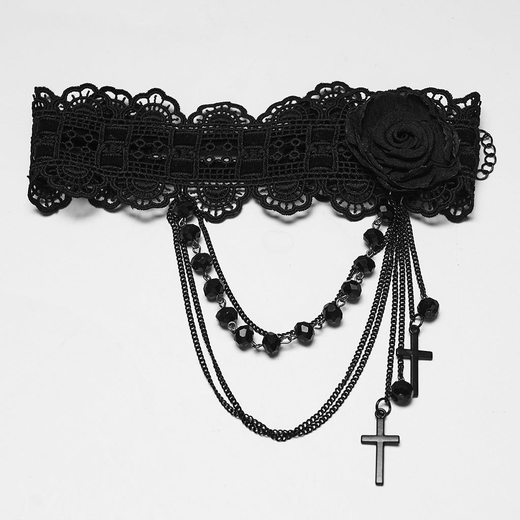 WS-873LHF Gothic Accessories Lace Choker with Cross Pendant Chains