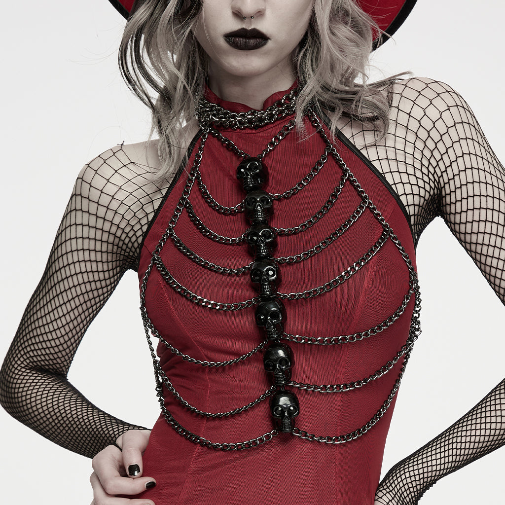 WS-909QTF Skull Chains Harness Top with Fishnet Punk Accessories