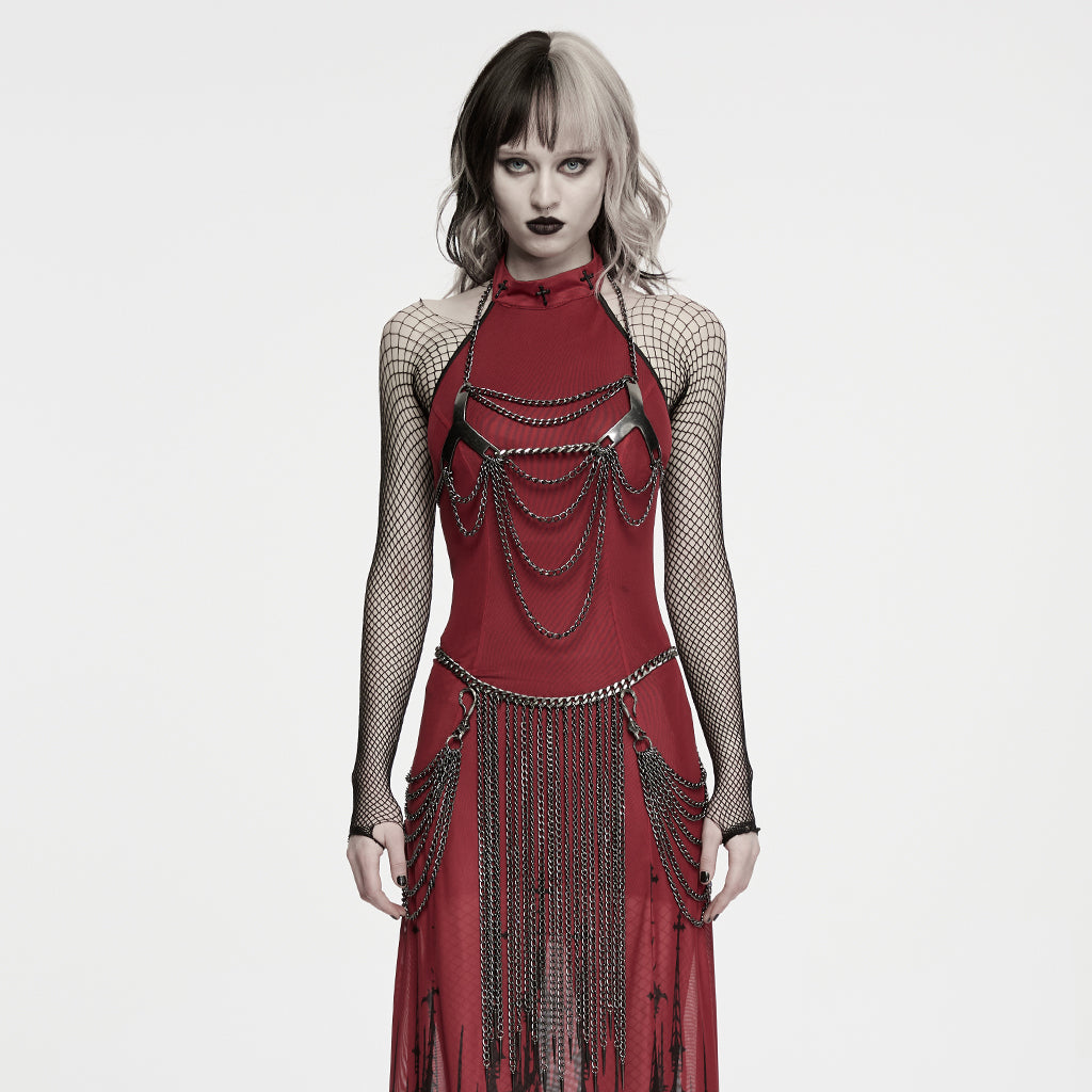 WS-920QTF Gothic Red Dress with Chains and Fishnet Punk Accessories