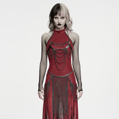 WS-920QTF Gothic Red Dress with Chains and Fishnet Punk Accessories