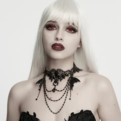 WS-926LHF Gothic Accessories Black Lace Choker with Bat Pendant Chains