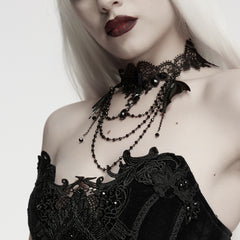 WS-926LHF Gothic Accessories Black Lace Choker with Bat Pendant Chains
