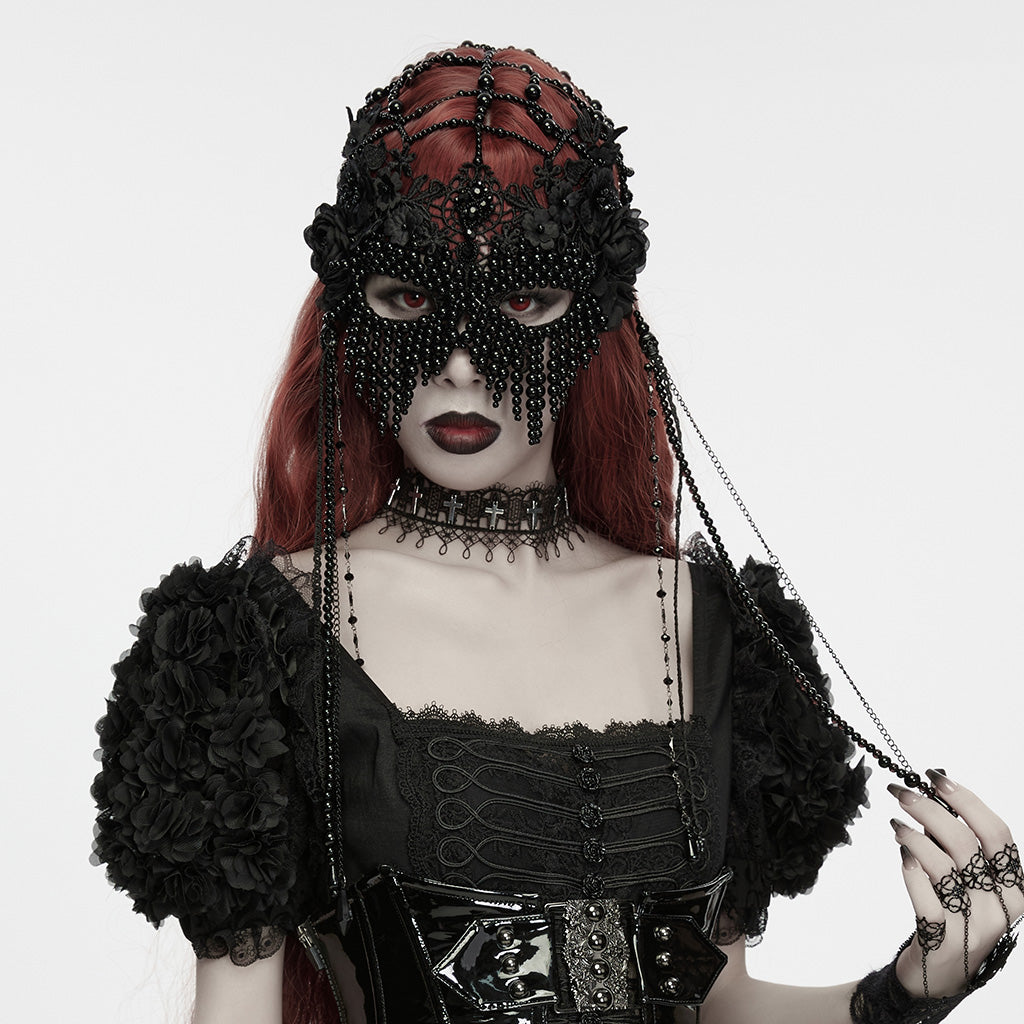 WS-937QTF Gothic Accessories Ornate Black Lace Beaded Mask and Choker Set