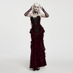 WS-938SSF Velvet Burgundy Gothic Corset with Black Lace Detailing and Chains