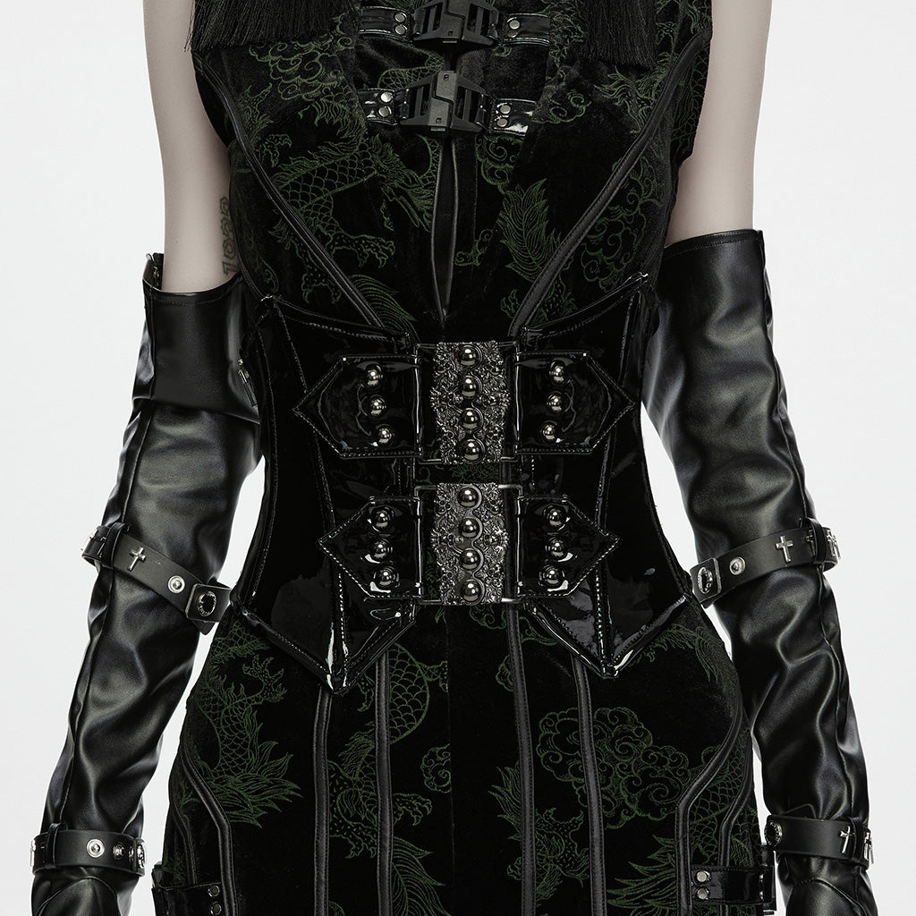 WS-949YDF Gothic Dragon Embroidered Punk Corset with Buckles and Leather Straps