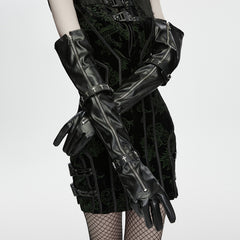 WS-963SSF Gothic Accessories Black Faux Leather Cross Buckle Zipper Gloves