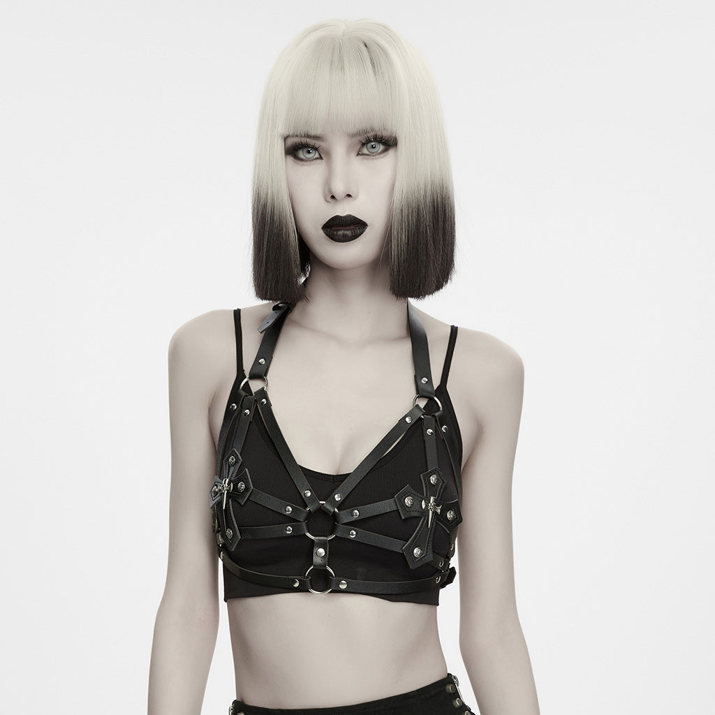 WS-964QTF Gothic Strappy Harness Top with Crosses Punk Accessories