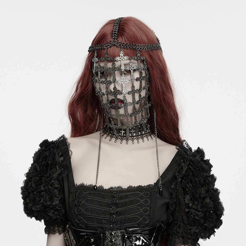 WS-972QTF Intricate Gothic Accessories Chainmail Face Veil with Cross Details