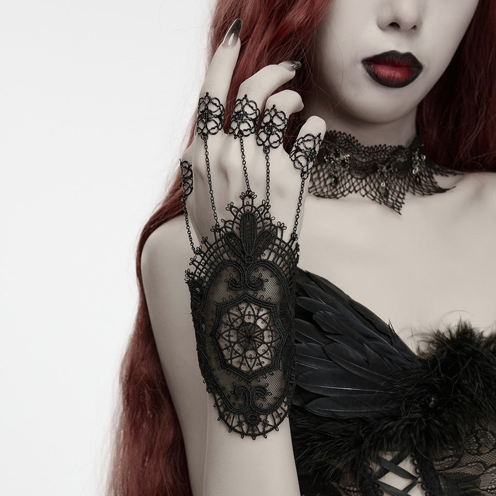 WS-976SSF Gothic Accessories Black Lace Chain Hand Jewelry