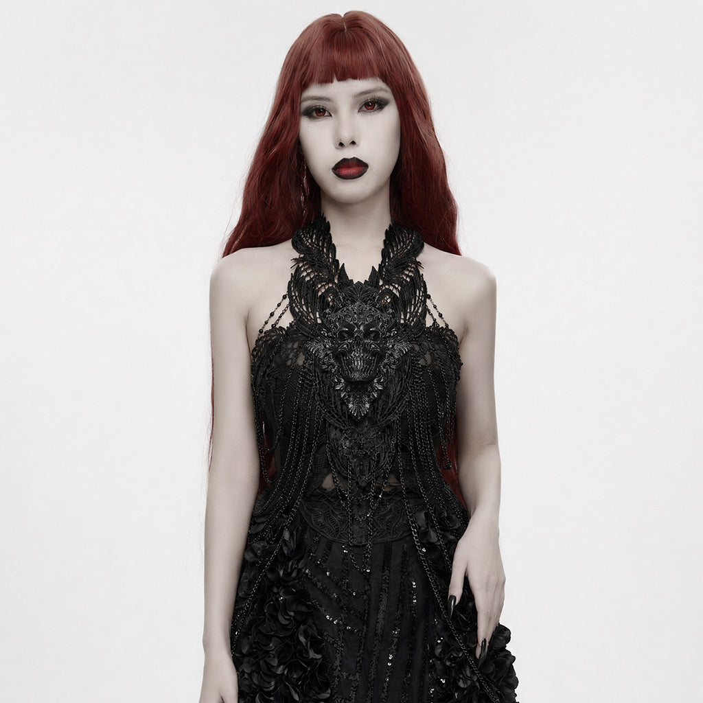 WS-979QTF Gothic Accessories Black Lace Skull Detail Halter Dress