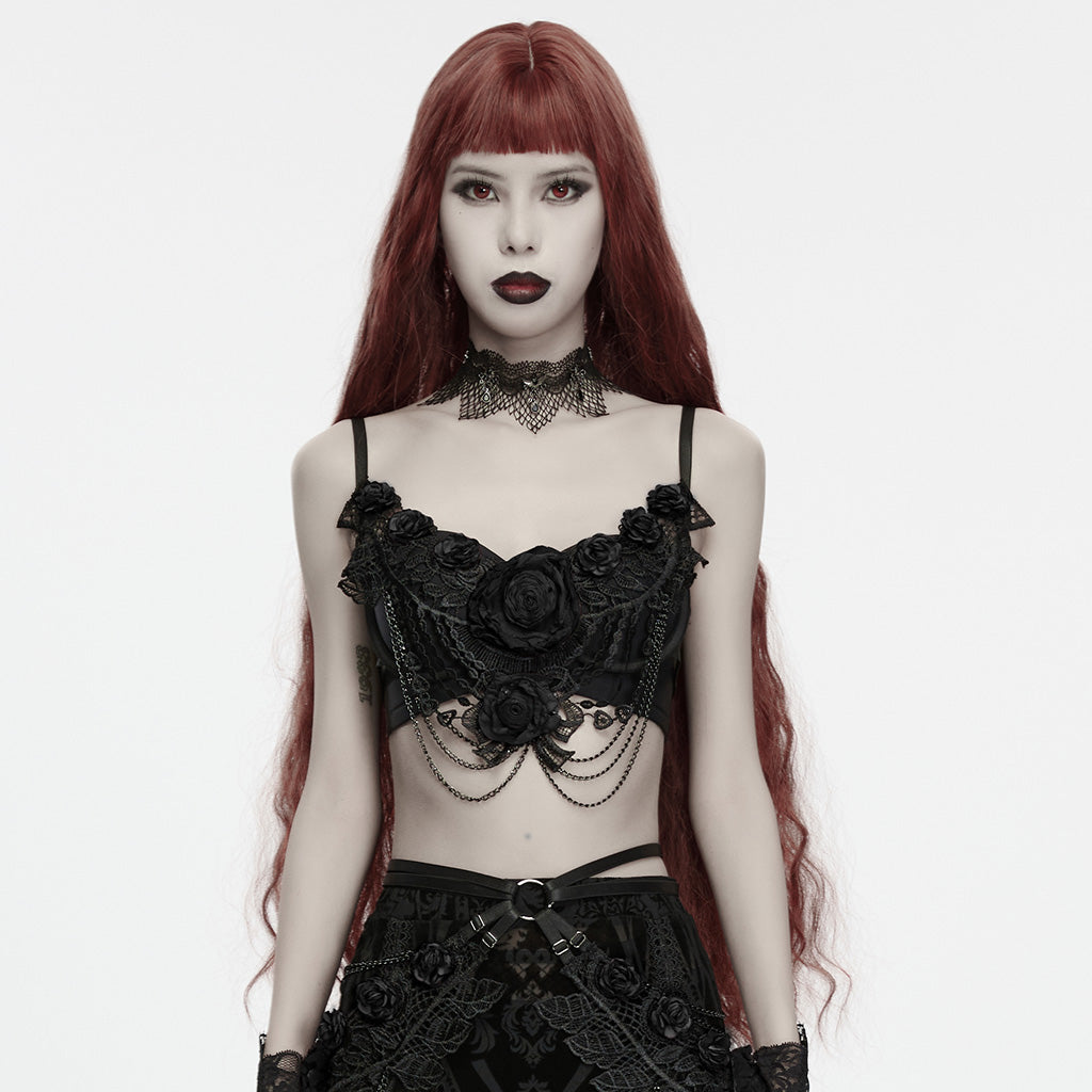 WS-985NYF Gothic Accessories Black Rose Lace Chain Corset Top