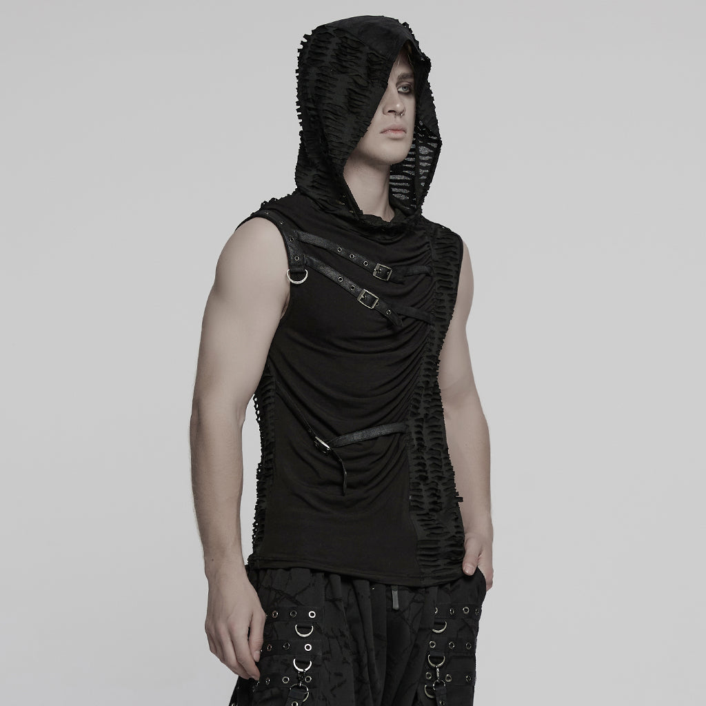 WT-1003BXM Edgy Sleeveless Distressed Punk Vest with Buckle Accents Hooded