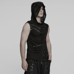 WT-1003BXM Edgy Sleeveless Distressed Punk Vest with Buckle Accents Hooded