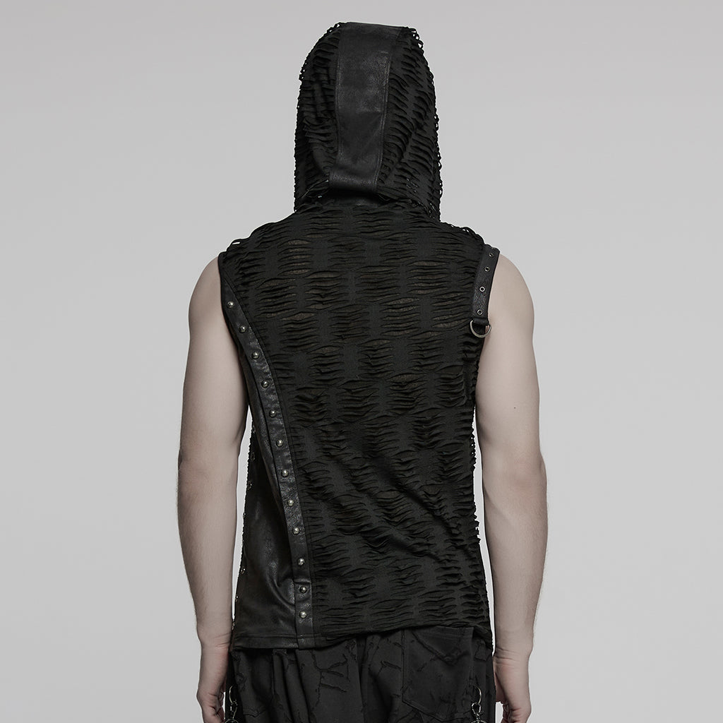 WT-1003BXM Edgy Sleeveless Distressed Punk Vest with Buckle Accents Hooded