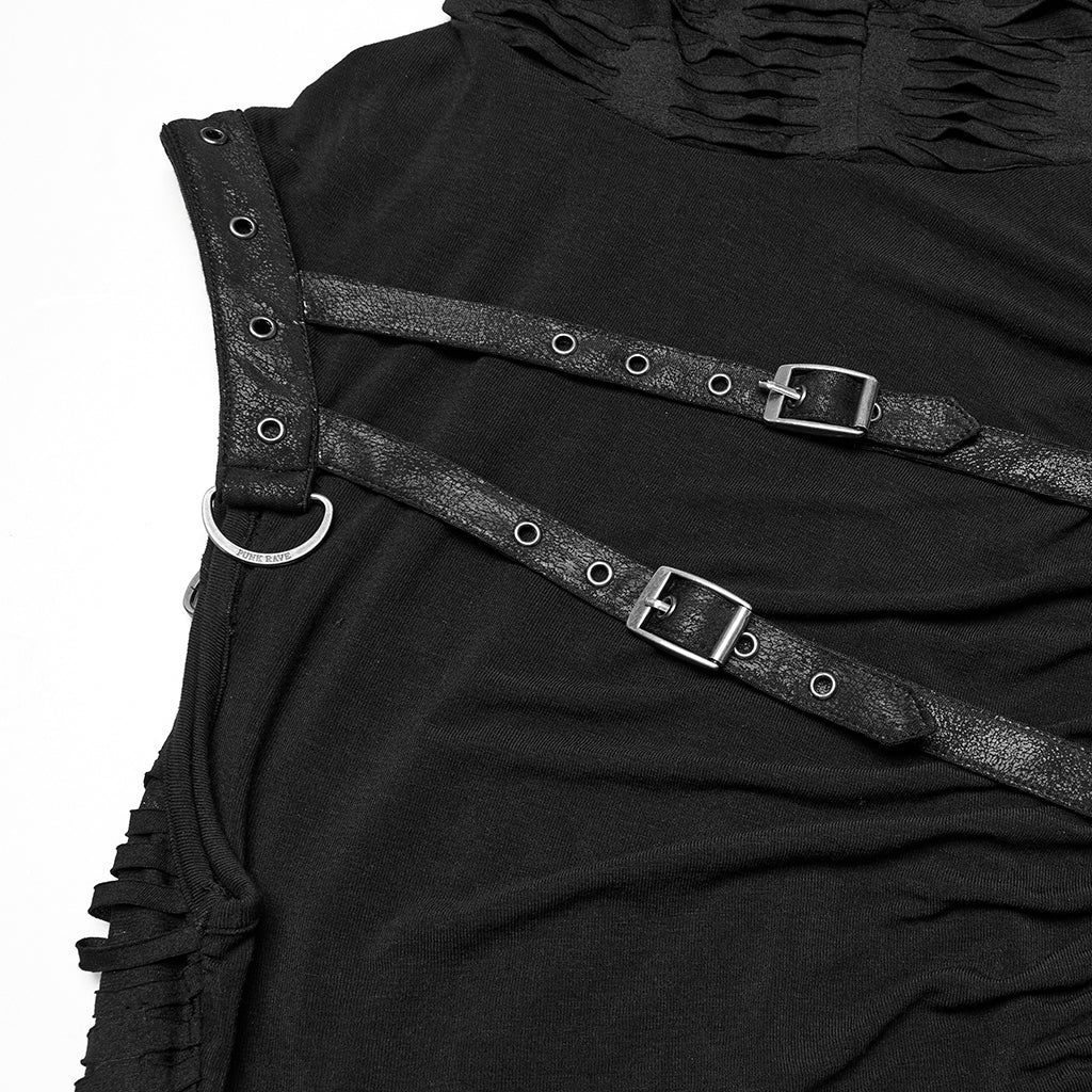 WT-1003BXM Edgy Sleeveless Distressed Punk Vest with Buckle Accents Hooded