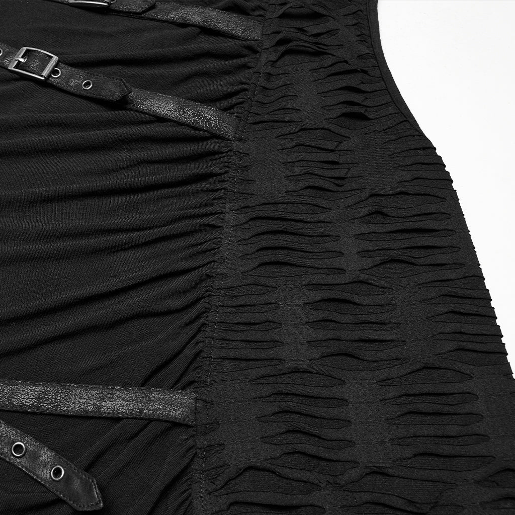 WT-1003BXM Edgy Sleeveless Distressed Punk Vest with Buckle Accents Hooded