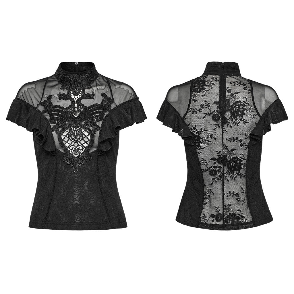WT-1004TDF Gothic Shirts Lace Mesh Ruffled High Neck Top