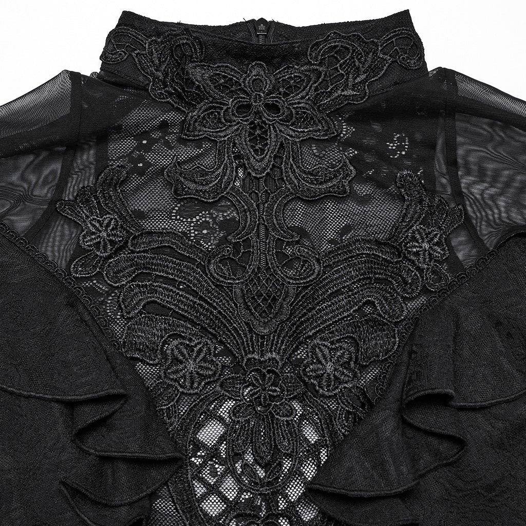 WT-1004TDF Gothic Shirts Lace Mesh Ruffled High Neck Top