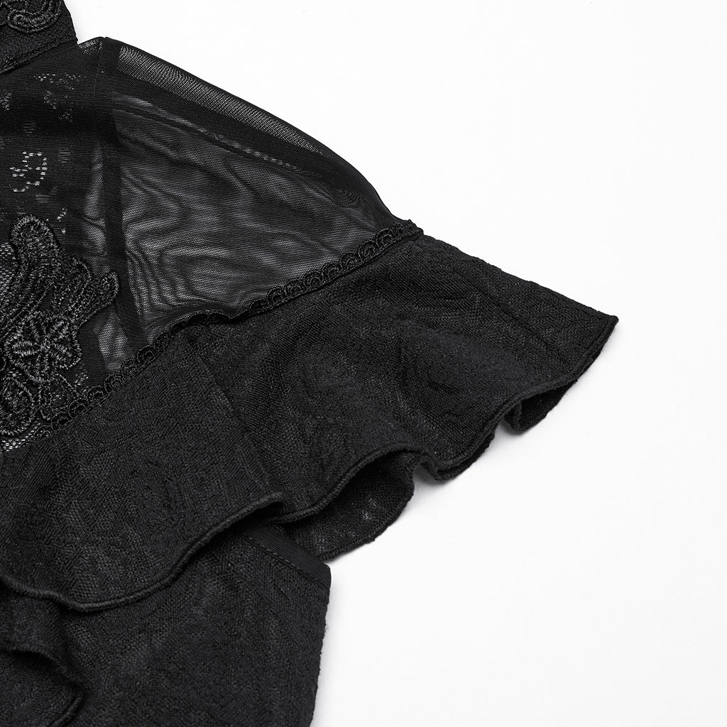 WT-1004TDF Gothic Shirts Lace Mesh Ruffled High Neck Top