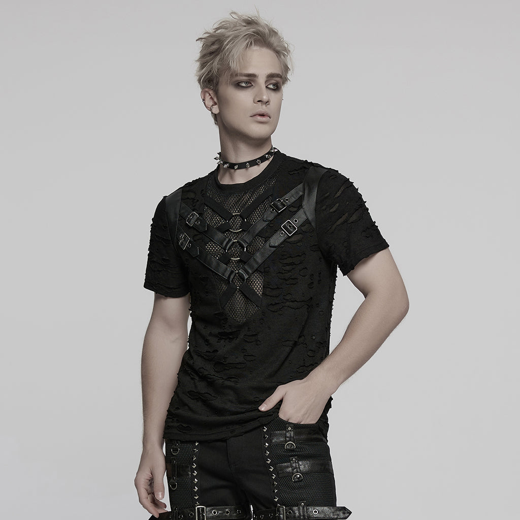 WT-1005TDM Edgy Black Mesh Buckle Punk T-Shirts for Men
