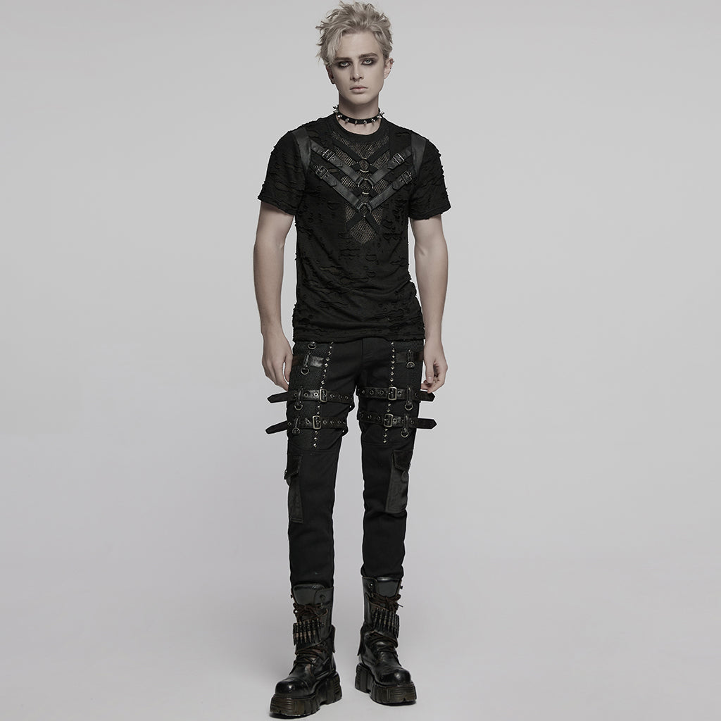 WT-1005TDM Edgy Black Mesh Buckle Punk T-Shirts for Men