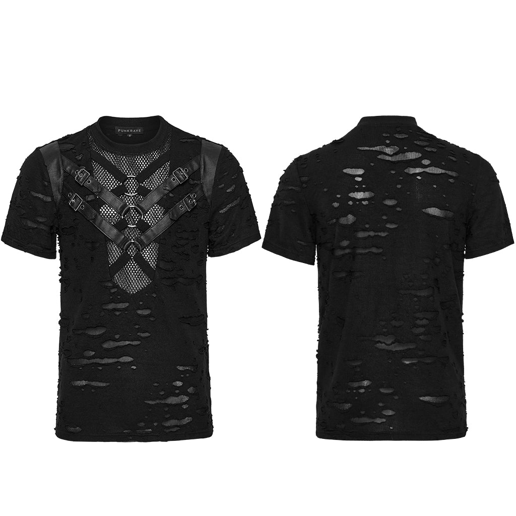 WT-1005TDM Edgy Black Mesh Buckle Punk T-Shirts for Men