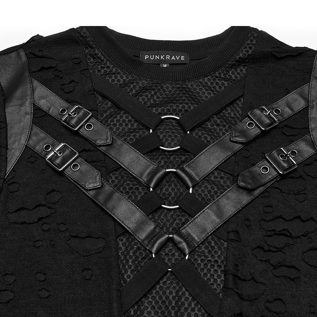 WT-1005TDM Edgy Black Mesh Buckle Punk T-Shirts for Men