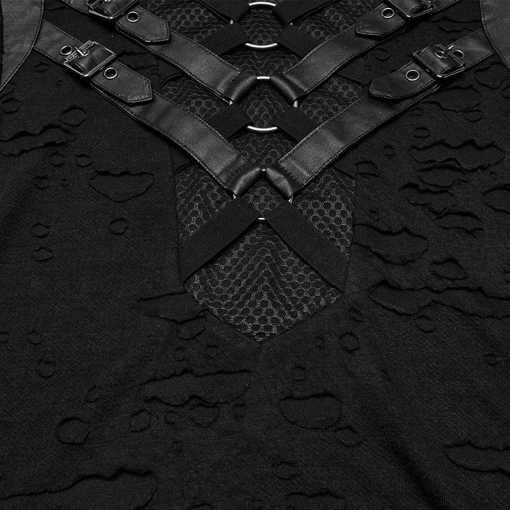 WT-1005TDM Edgy Black Mesh Buckle Punk T-Shirts for Men