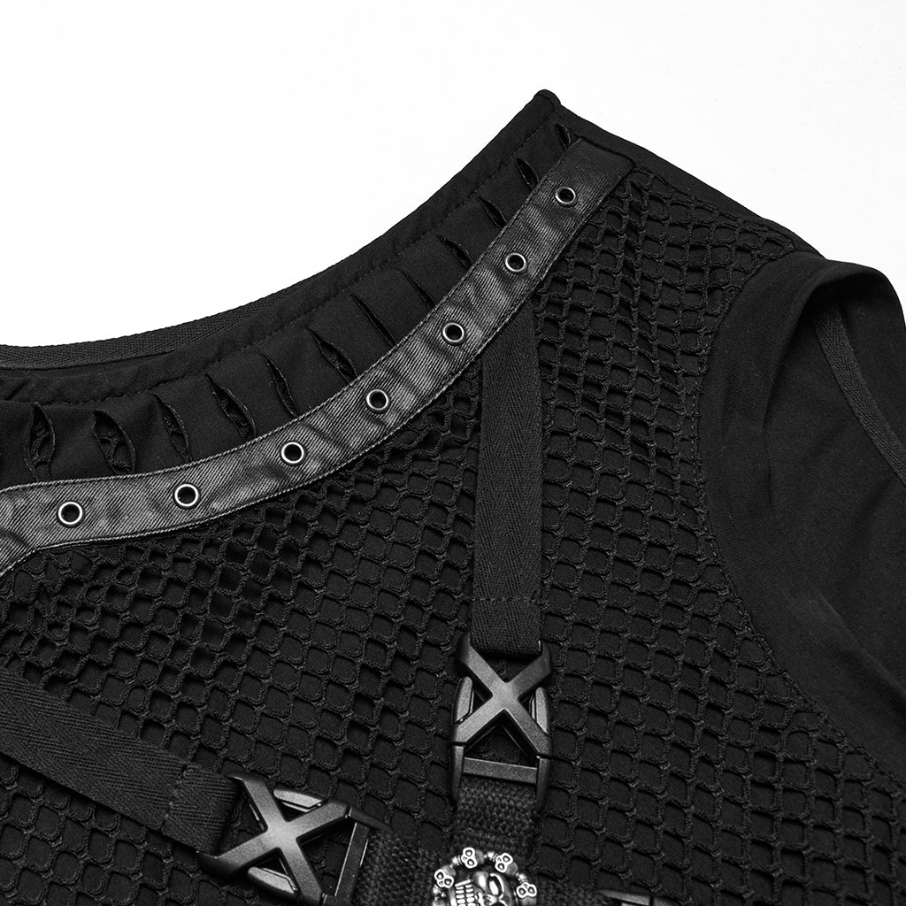 WT-1006BXM Edgy Mesh Gothic Punk Vests X-Design Black Top