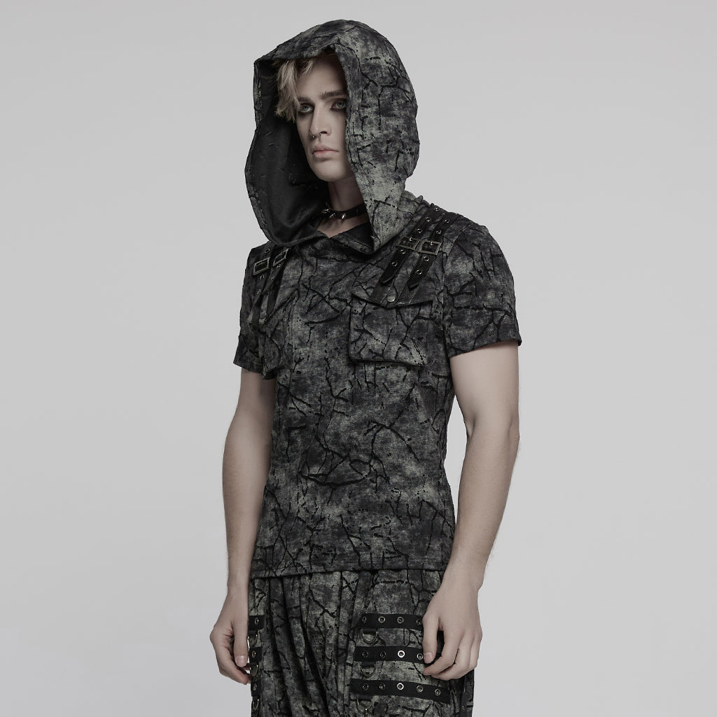 WT-1008DQM Edgy Hooded Punk T-Shirts with Buckle Strap Detailing