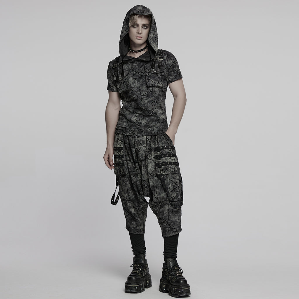 WT-1008DQM Edgy Hooded Punk T-Shirts with Buckle Strap Detailing