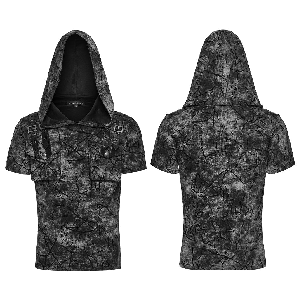 WT-1008DQM Edgy Hooded Punk T-Shirts with Buckle Strap Detailing