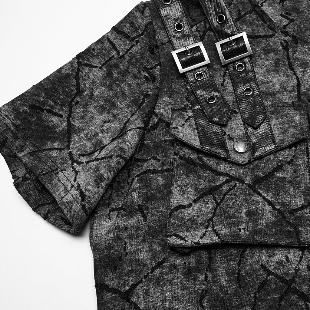 WT-1008DQM Edgy Hooded Punk T-Shirts with Buckle Strap Detailing