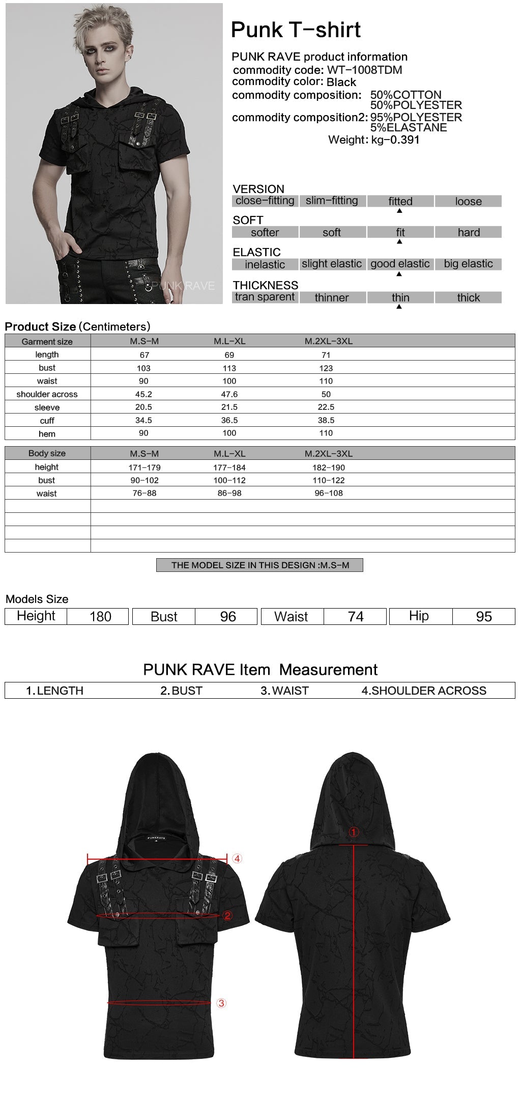 WT-1008DQM Edgy Hooded Punk T-Shirts with Buckle Strap Detailing